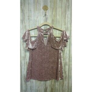 Blush Crushed Velvet Top Fairy Y2K Keyhole Neck Cold Shoulder Flutter Sleeve 1X